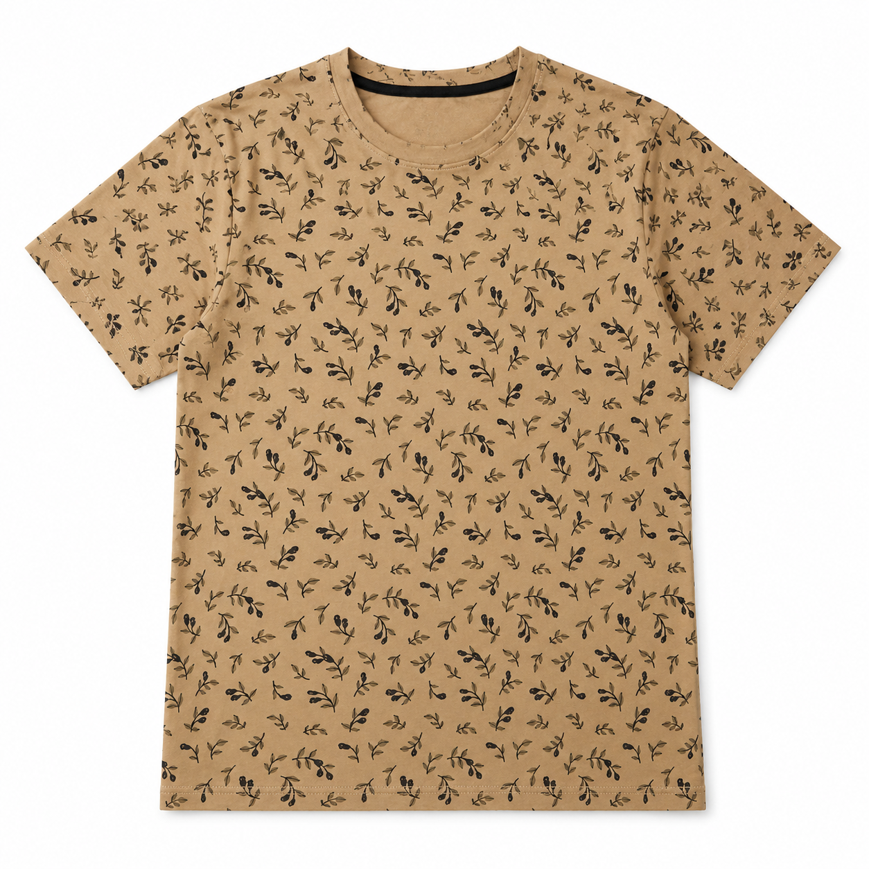 Beige t-shirt with black floral pattern