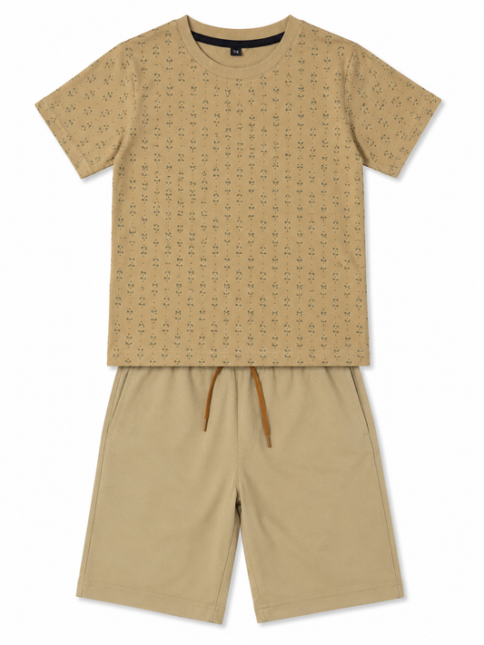 Boys Beige Printed Shorts Set