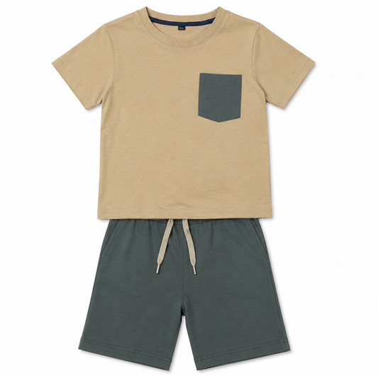 Boys Beige Pocket Shorts Set