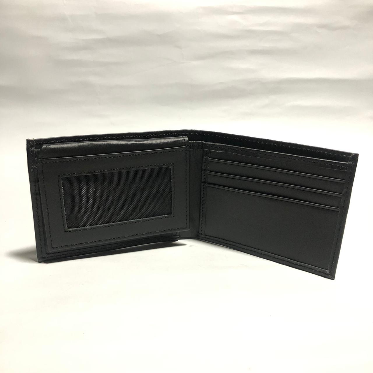 Black leather bifold wallet opened