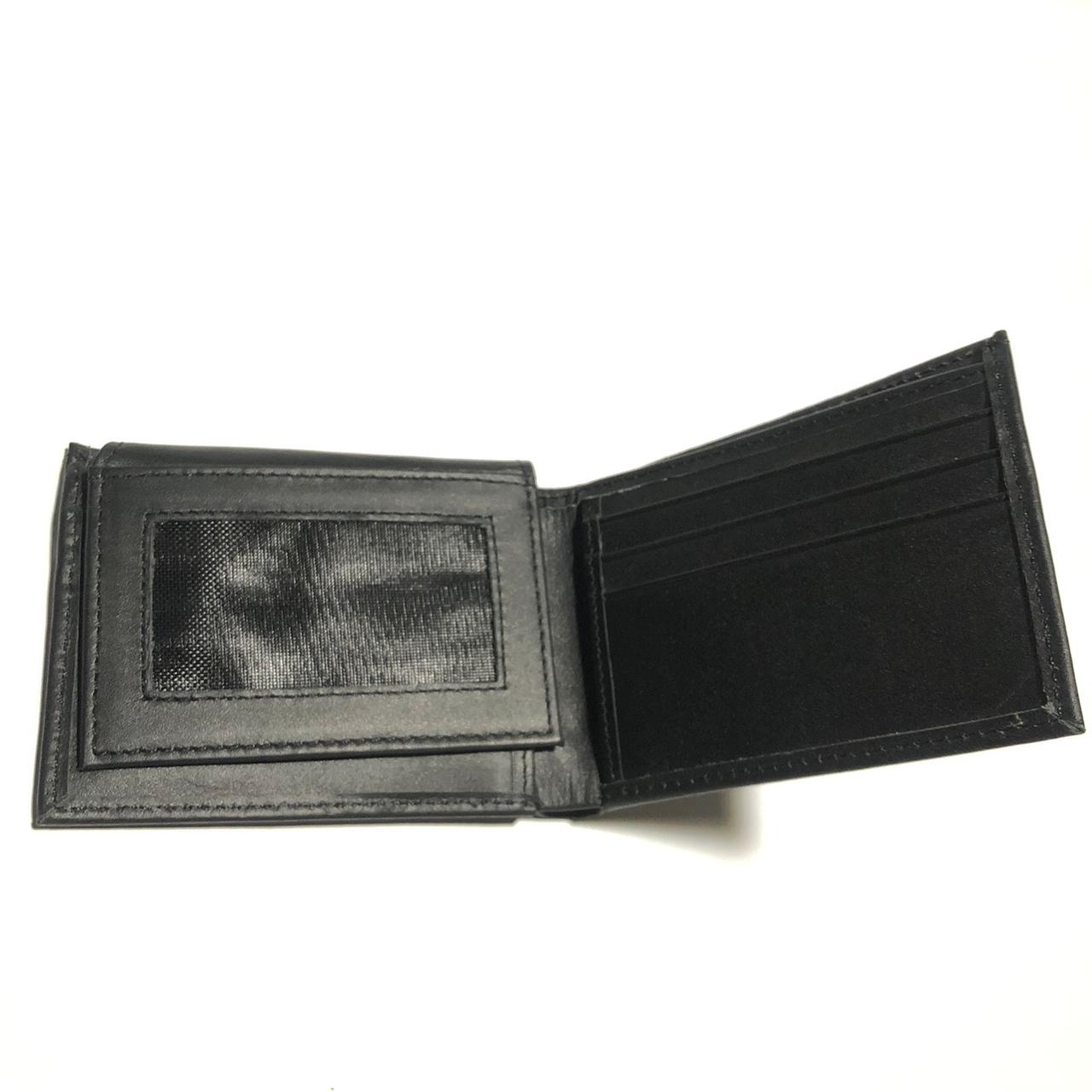 Black leather bifold wallet opened