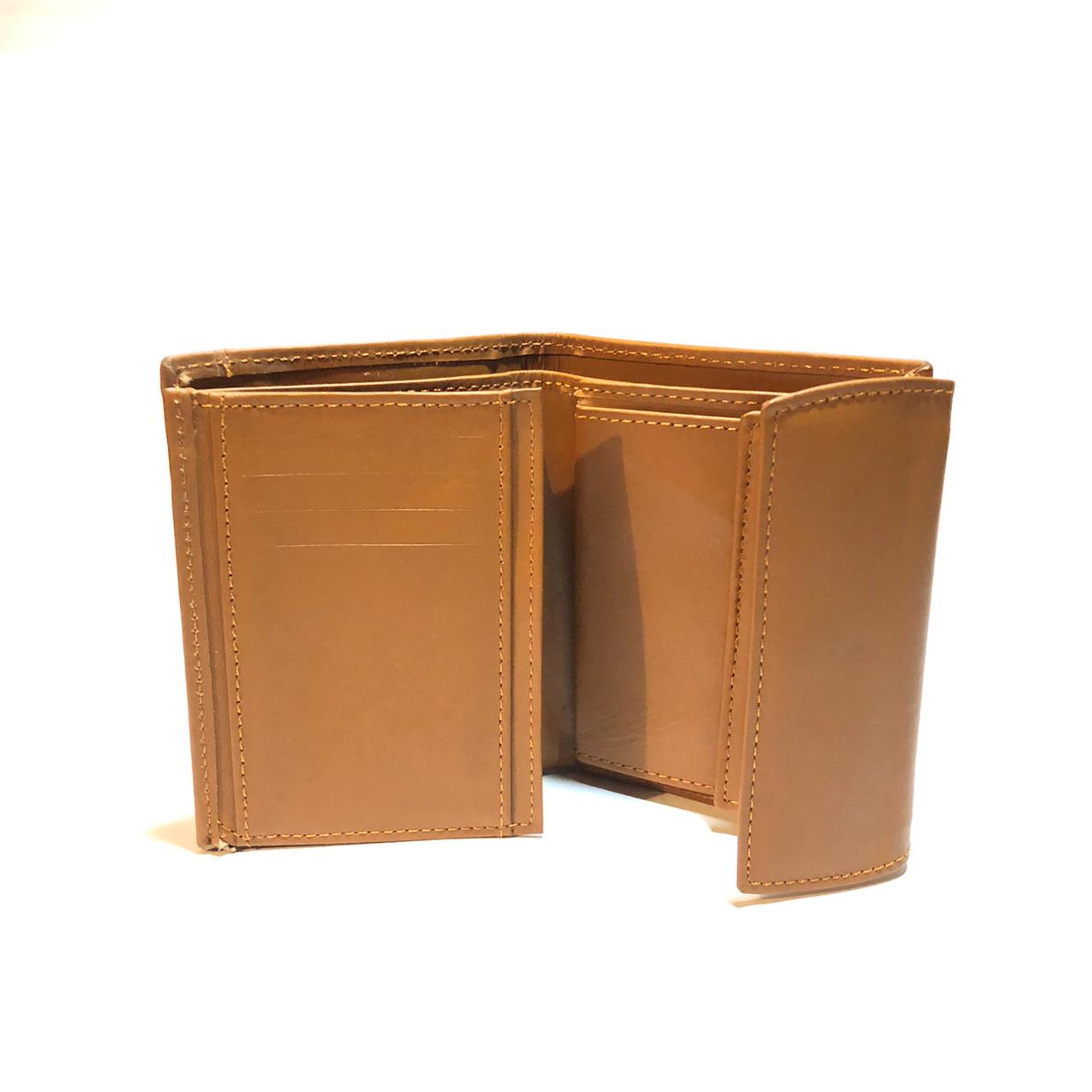 Tan leather trifold wallet