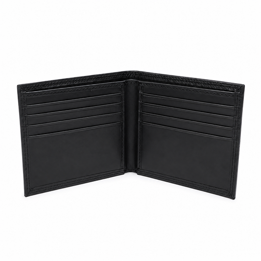 Black leather wallet open 