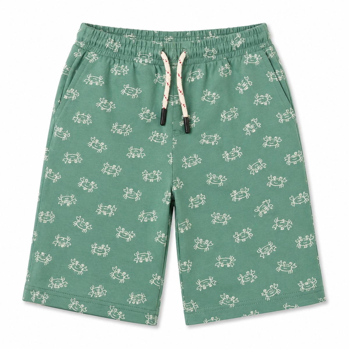 Green shorts with white pattern on a white background